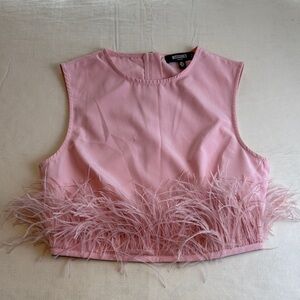 Missguided Petite Light Pink Sleeveless Cropped Back Zip Blouse Feathers Size 0